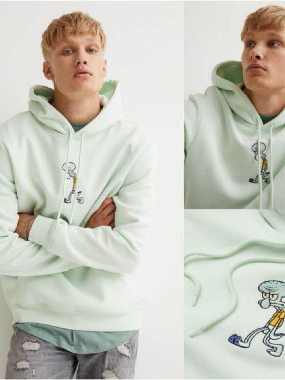 H&M Angry Squidward Men's Mint Green Pullover Hoodie